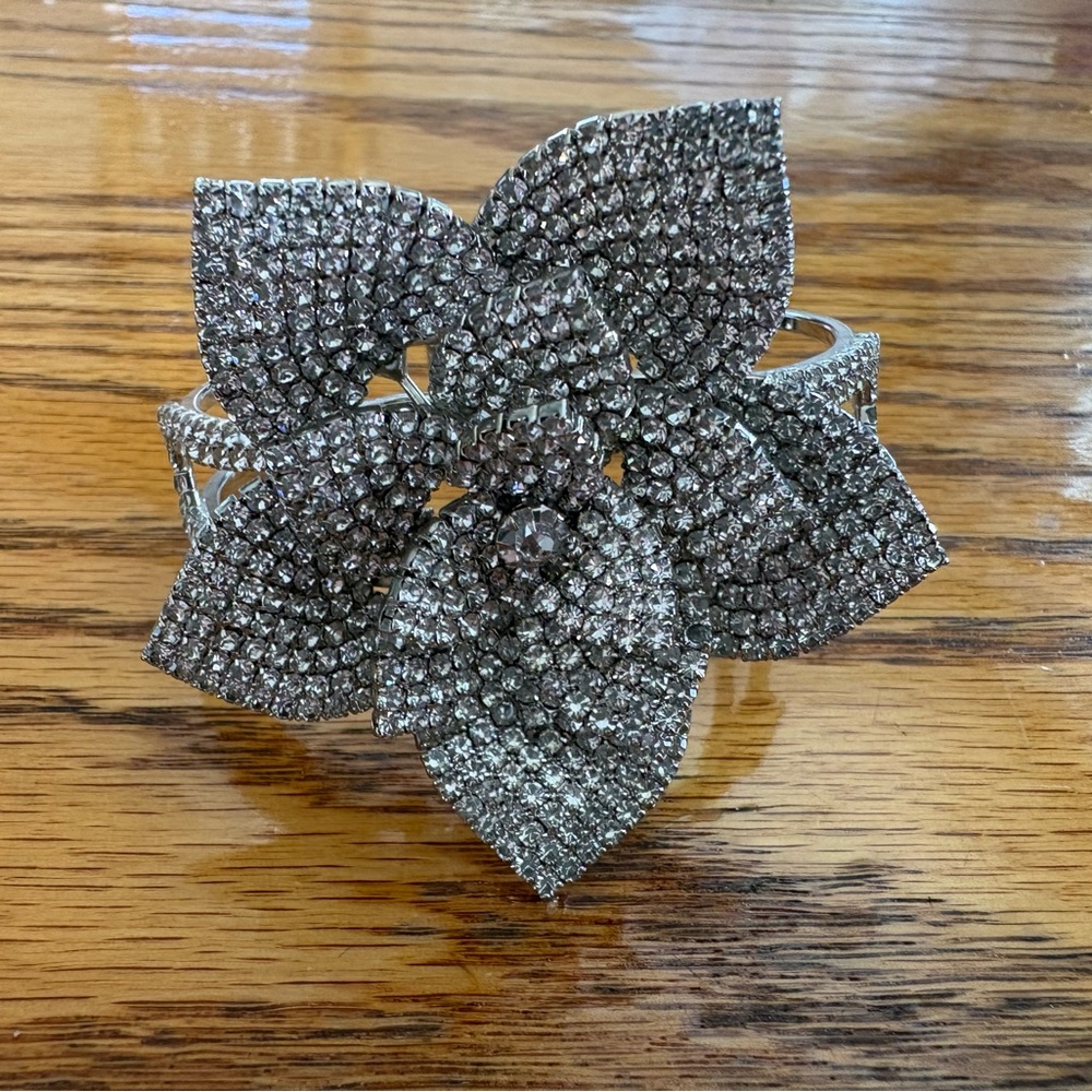 Crystal Flower Statement Bracelet - Silver Tone - image 2